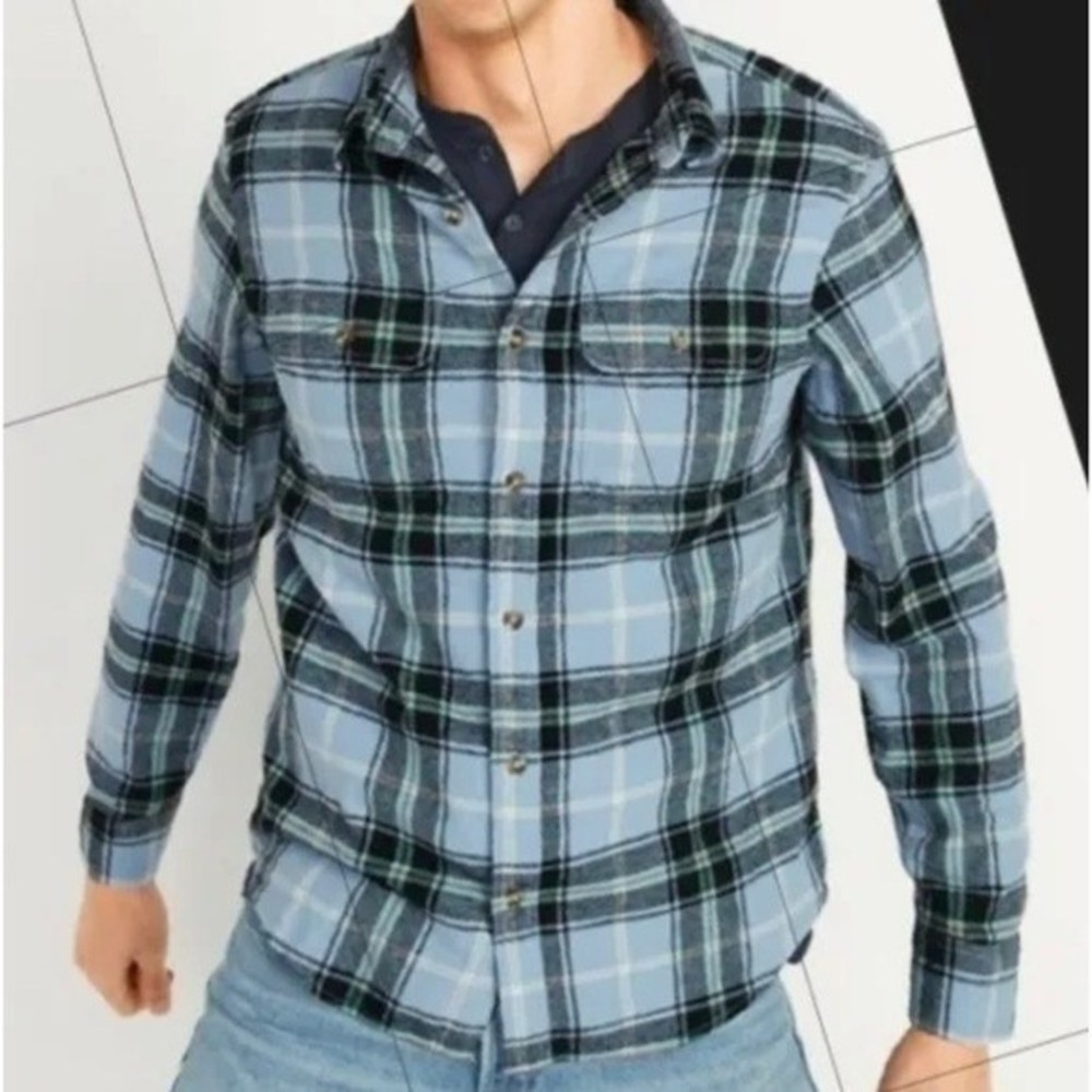 OldNavy Men’s Blue Black Plaid Cotton Flannel Long Sleeves Button Down Shirt M